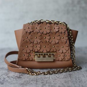 ZAC Zac Posen Eartha Iconic Small Chain Flower Applique Camel Leather Bag
